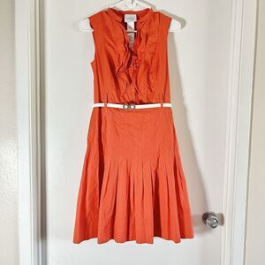 Akris Punto  A-Line Coral Red Pleated Sleveless Dress Sz 6 Ruffle Button $1280